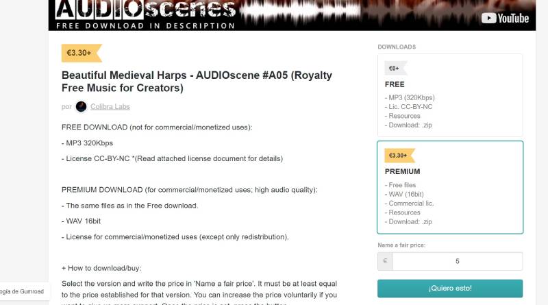 Captura de pantalla de la tienda Colibra en Gumroad. El material de AudioScenes suele ofrecerse tanto en descarga Free como en una Premium muy asequible.