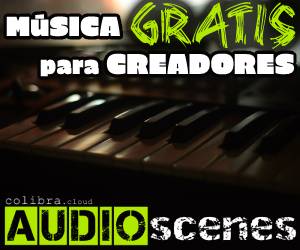 AudioScenes - Música gratis para creadores (sobre una imagen de sintetizador).