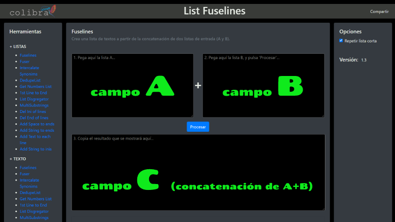 Captura de FuseLines con breves indicaciones explicativas de cada uno de sus campos.