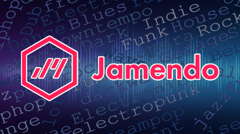 Logo de Jamendo con etiquetas de fondo.