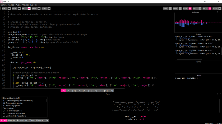 Código de generación aleatoria de acordes en la consola de Sonic Pi.