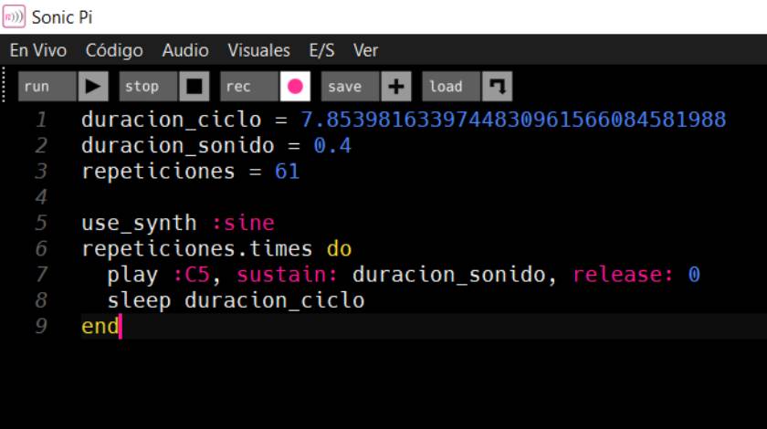 Pequeño código para un experimento de música generativa, en la consola de Sonic Pi.