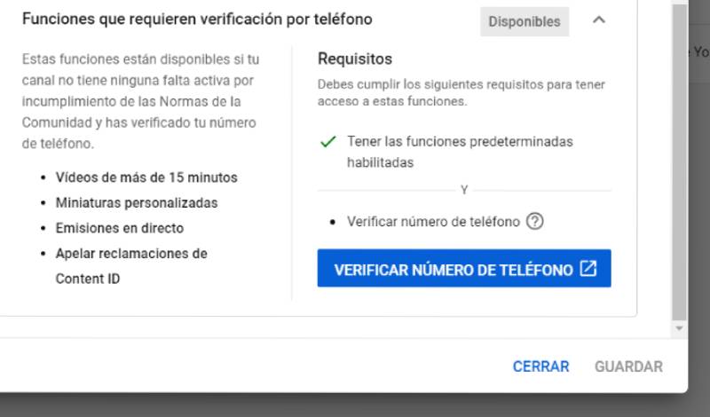 Sección de verificación de canal en Youtube Studio.